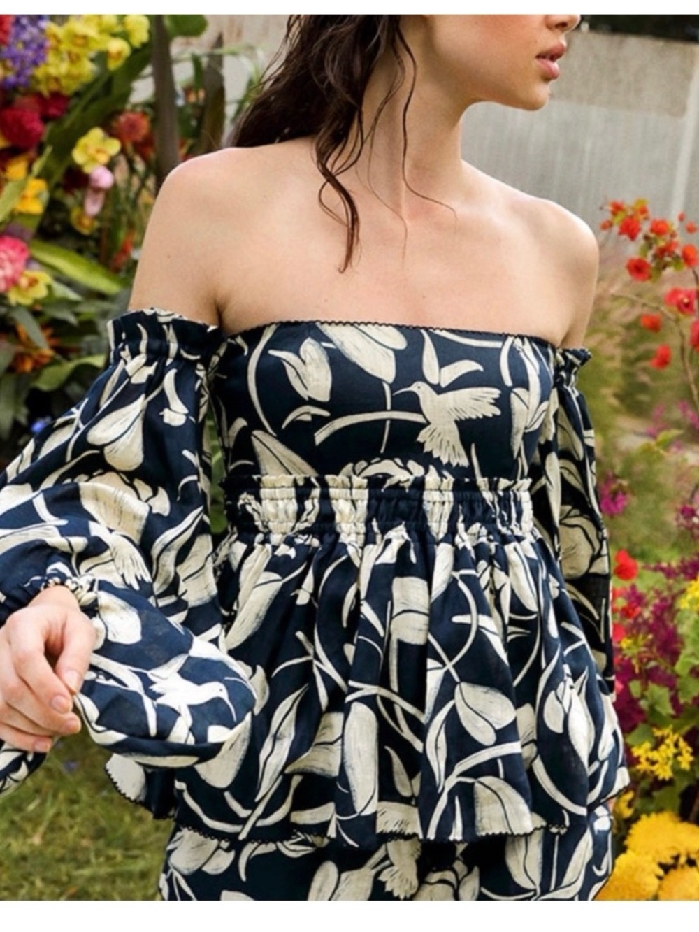 Agua by Agua Bendita Off-Shoulder Navy Floral Peplum Top